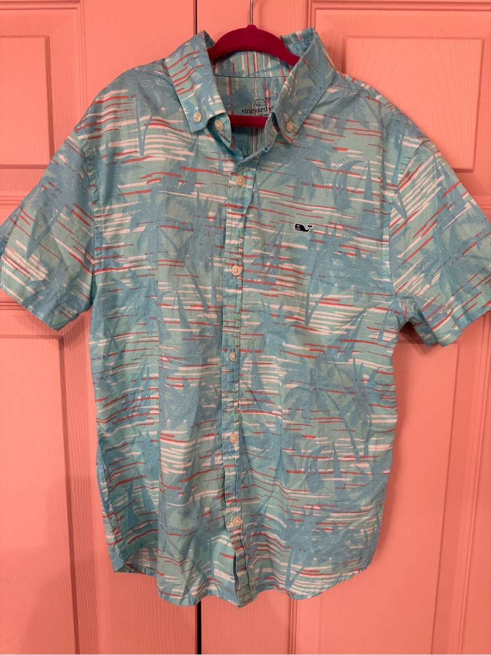 Vineyard Vines Aqua Blue Tropical-Print Short-Sleeve Button-Down Shirt